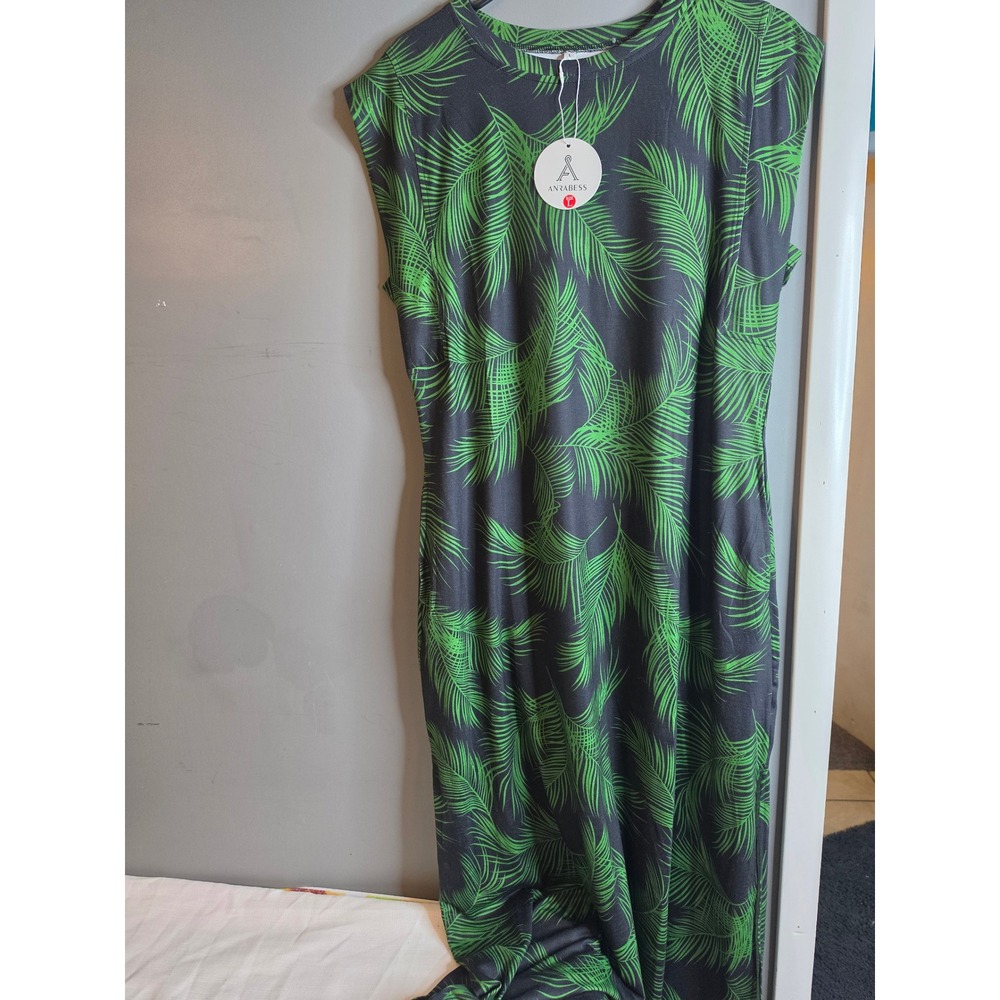 Anrabess Green Palm Leaf Print Sleeveless Maxi Dress with Pockets Large NWT